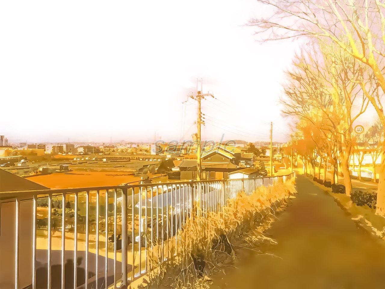 のどかな郊外の道【背景素材_夕方差分+空くり抜きセット】