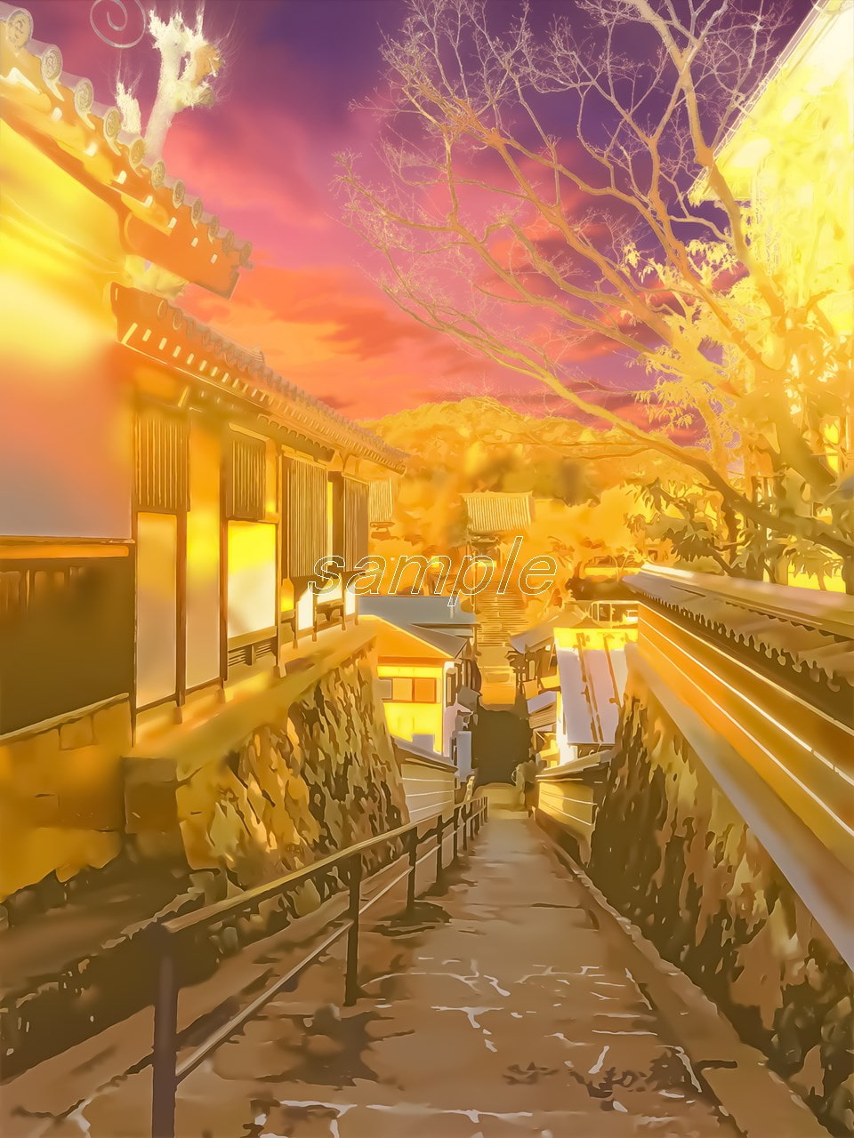 古風な日本家屋の通りと階段【背景素材_夕方差分+空くり抜きセット】