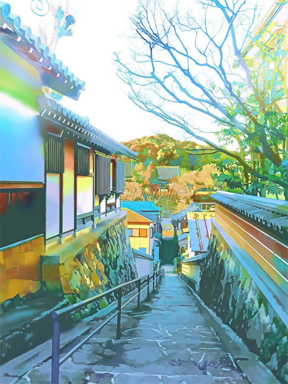 古風な日本家屋の通りと階段【背景素材_夕方差分+空くり抜きセット】