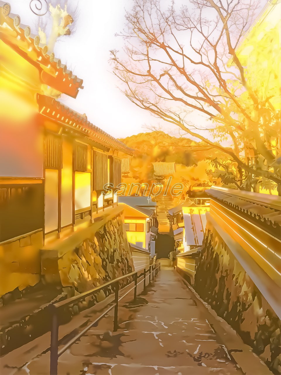 古風な日本家屋の通りと階段【背景素材_夕方差分+空くり抜きセット】