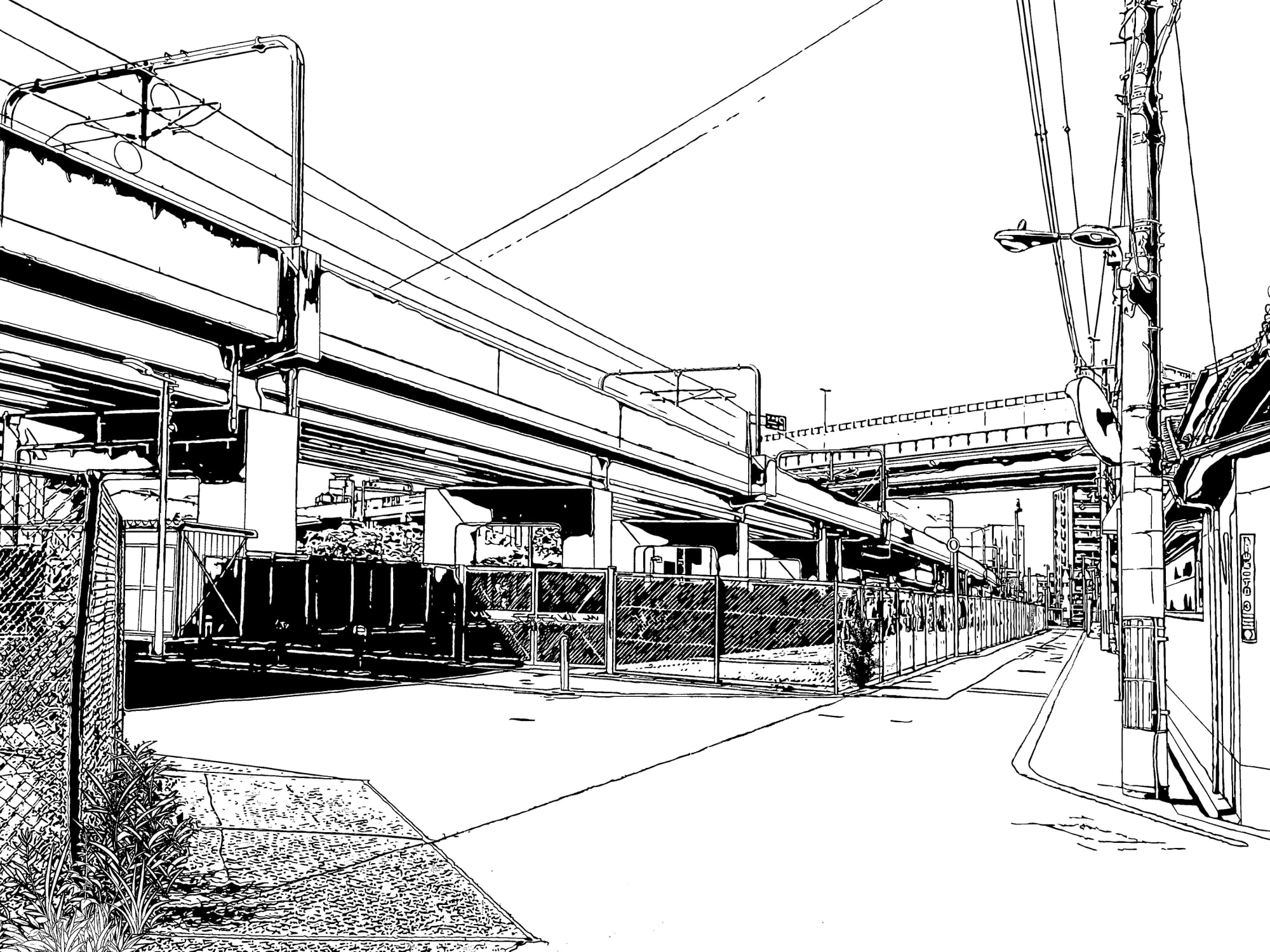 高架沿いの道/モノクロ背景【PSDファイル+トーンと線画セット】