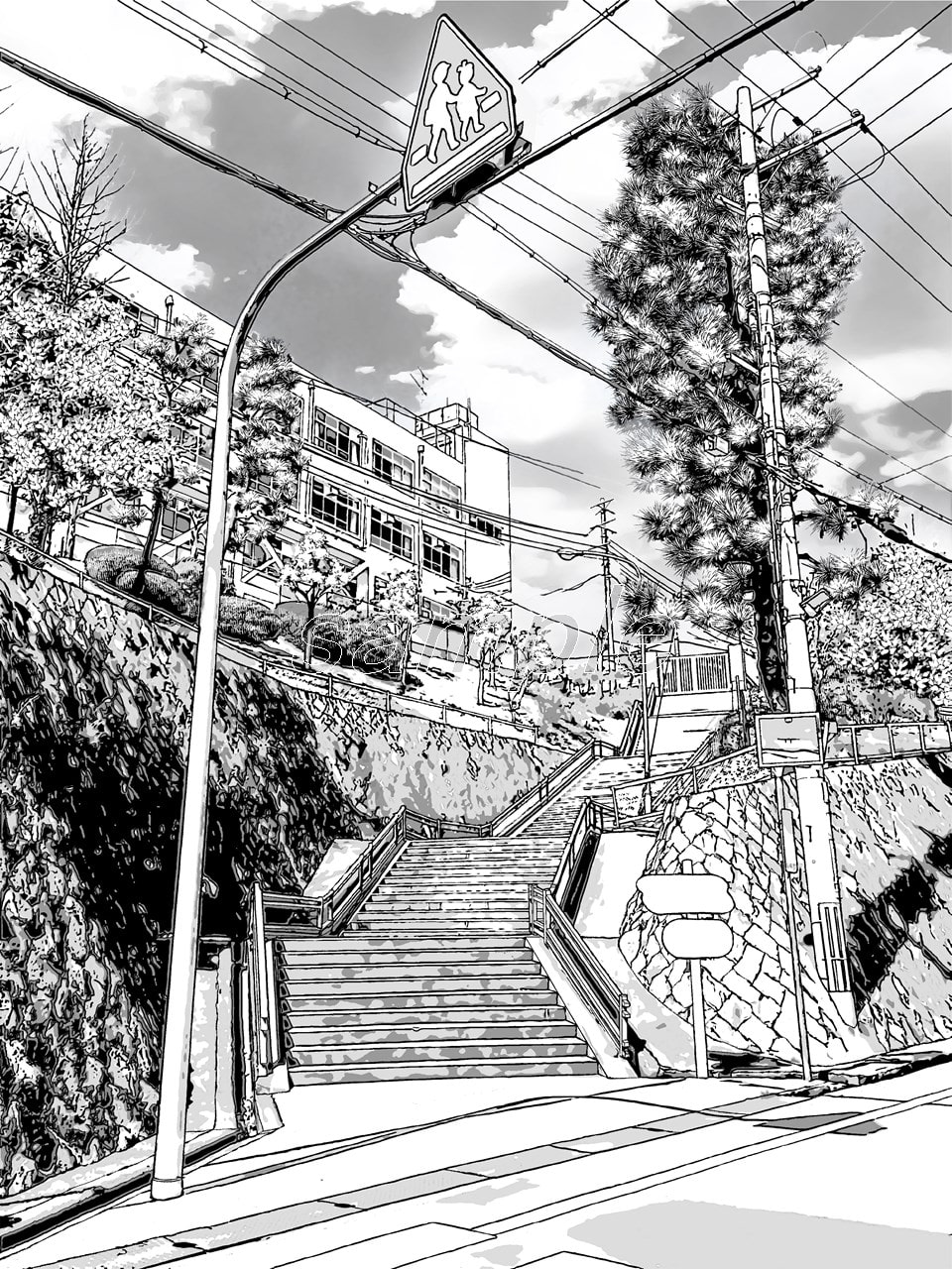 学校前階段/漫画背景【クリスタ対応PSD+トーンと線画セット】