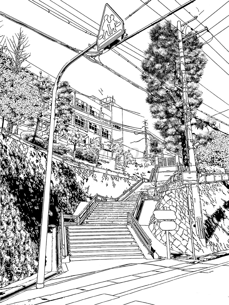 学校前階段/漫画背景【クリスタ対応PSD+トーンと線画セット】