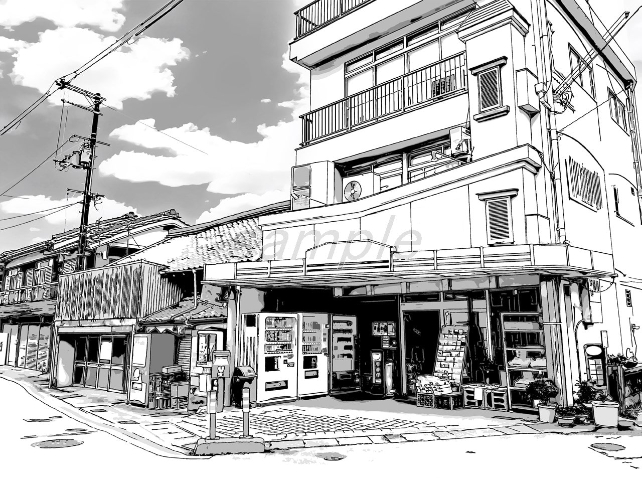 地方の商店/漫画背景【クリスタ対応PSD+トーンと線画セット】