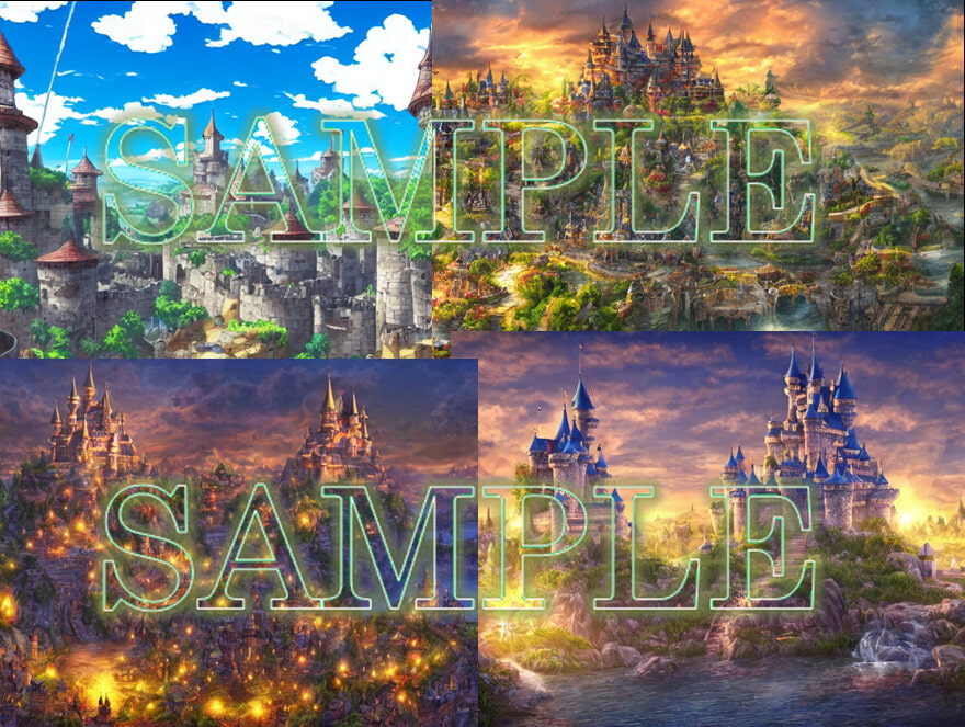 ファンタジー背景素材(城、洞窟、氷の洞窟、密林、沼、火山)各4種類セット(合計24種類)
