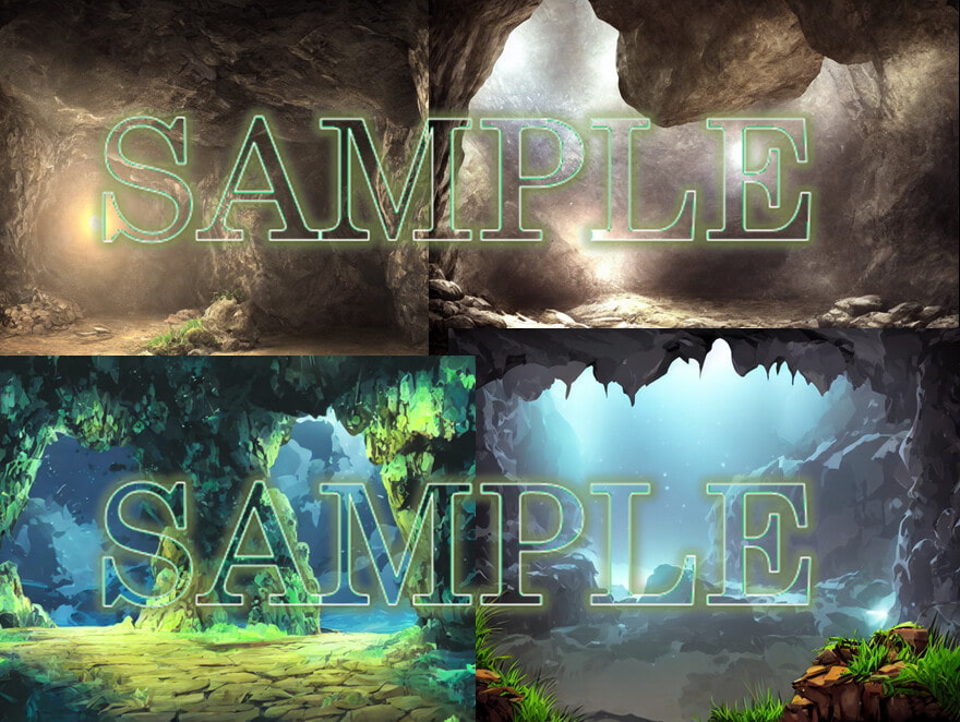 ファンタジー背景素材(城、洞窟、氷の洞窟、密林、沼、火山)各4種類セット(合計24種類)