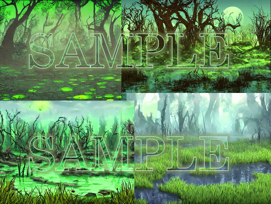 ファンタジー背景素材(城、洞窟、氷の洞窟、密林、沼、火山)各4種類セット(合計24種類)