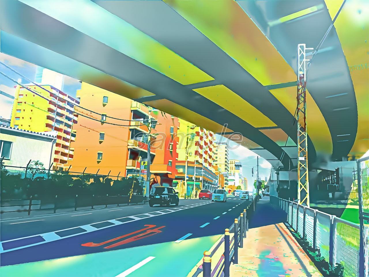 都会の高架下の道【背景素材_夕方差分+空くり抜きセット】