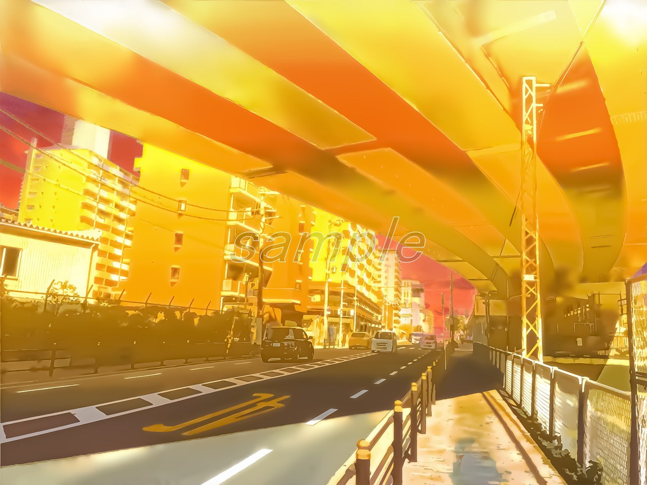 都会の高架下の道【背景素材_夕方差分+空くり抜きセット】