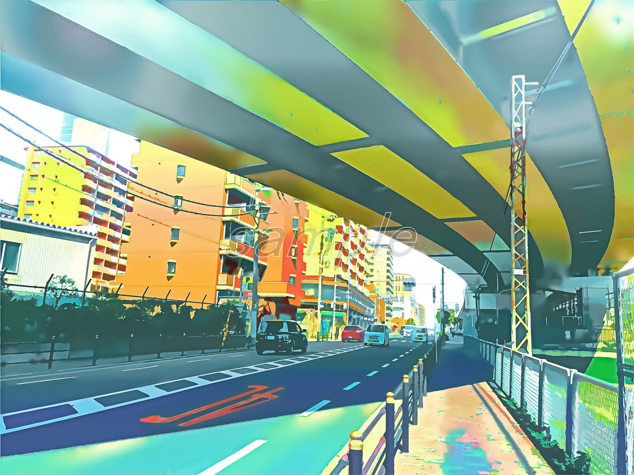 都会の高架下の道【背景素材_夕方差分+空くり抜きセット】