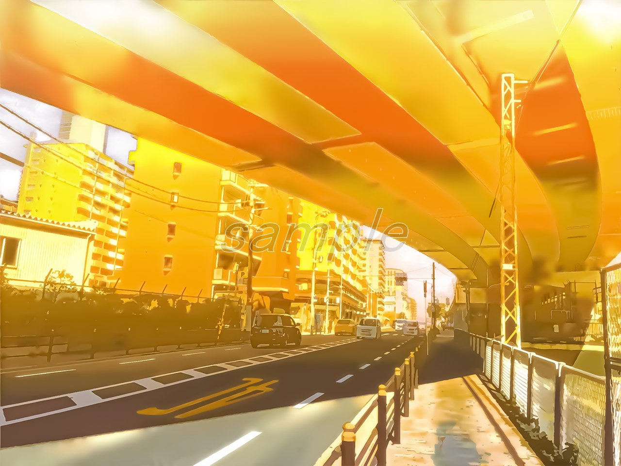 都会の高架下の道【背景素材_夕方差分+空くり抜きセット】