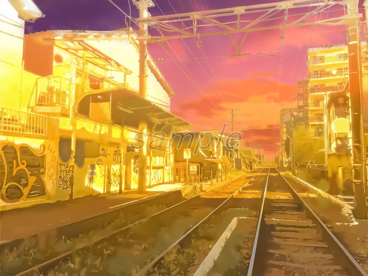 路面電車の駅【背景素材_夕方差分+空くり抜きセット】