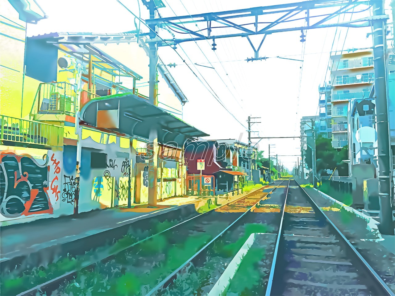 路面電車の駅【背景素材_夕方差分+空くり抜きセット】