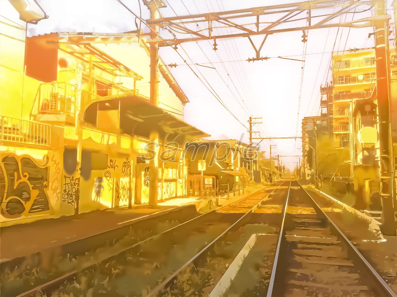 路面電車の駅【背景素材_夕方差分+空くり抜きセット】