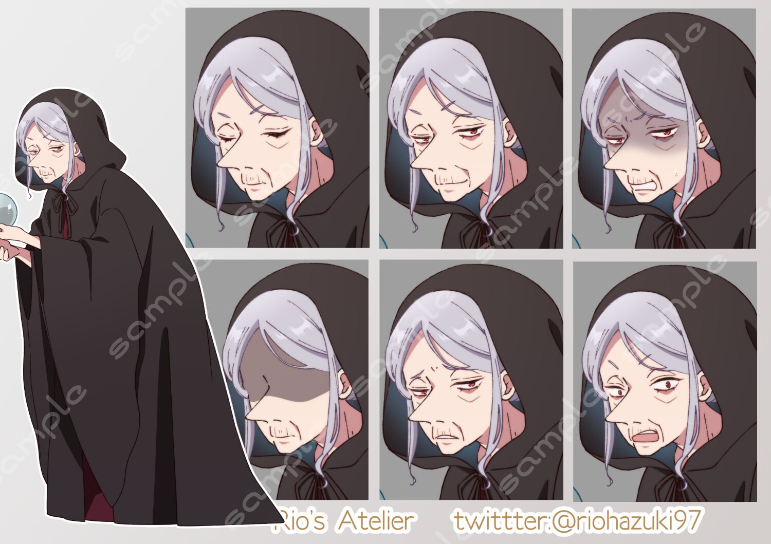 立ち絵素材_59(占い師風おばあさん全身、表情7種)