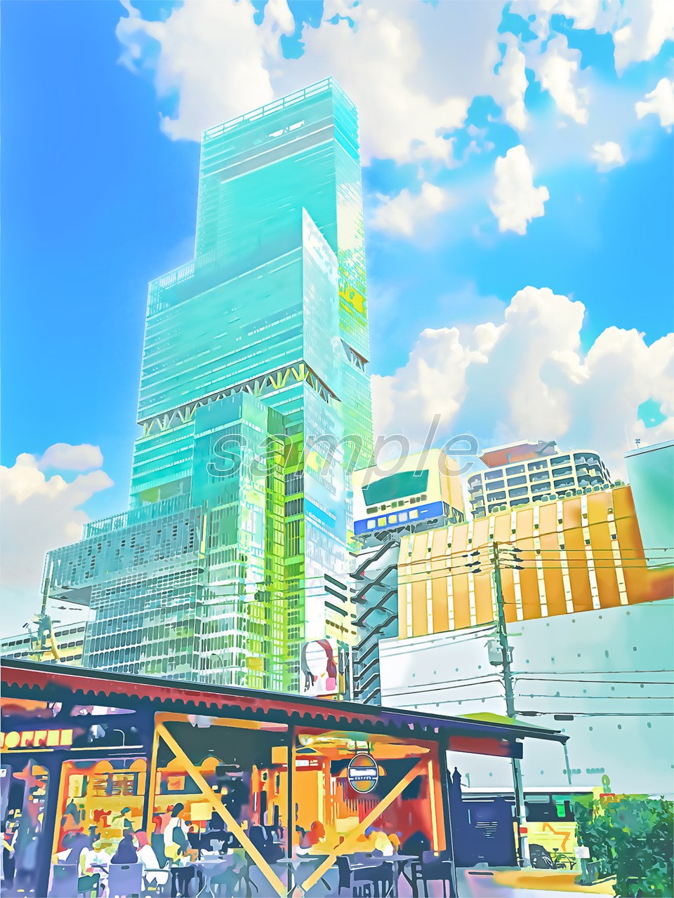 超高層ビル【背景素材_夕方差分+空くり抜きセット】