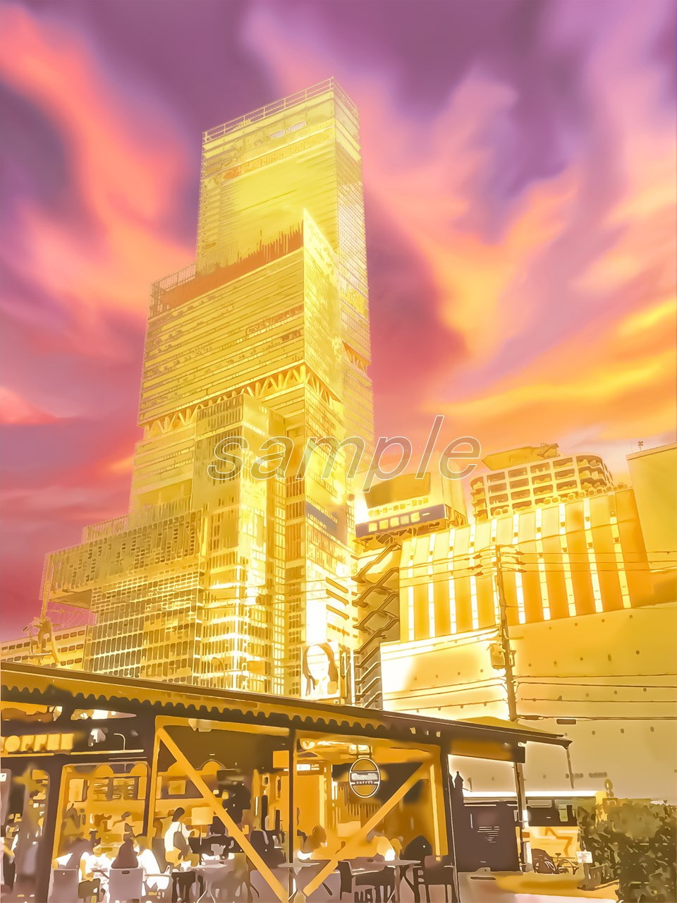 超高層ビル【背景素材_夕方差分+空くり抜きセット】