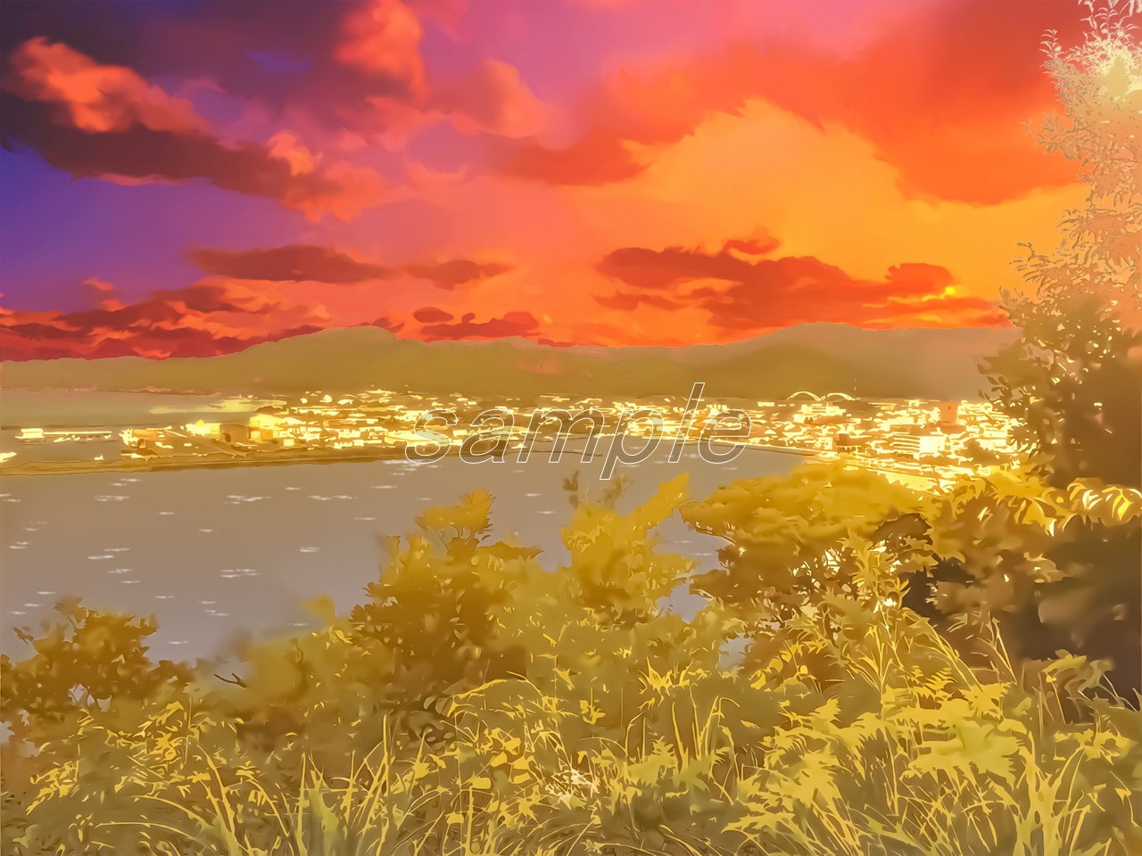 港町と港湾の眺め 【背景素材_夕方差分+空くり抜きセット】