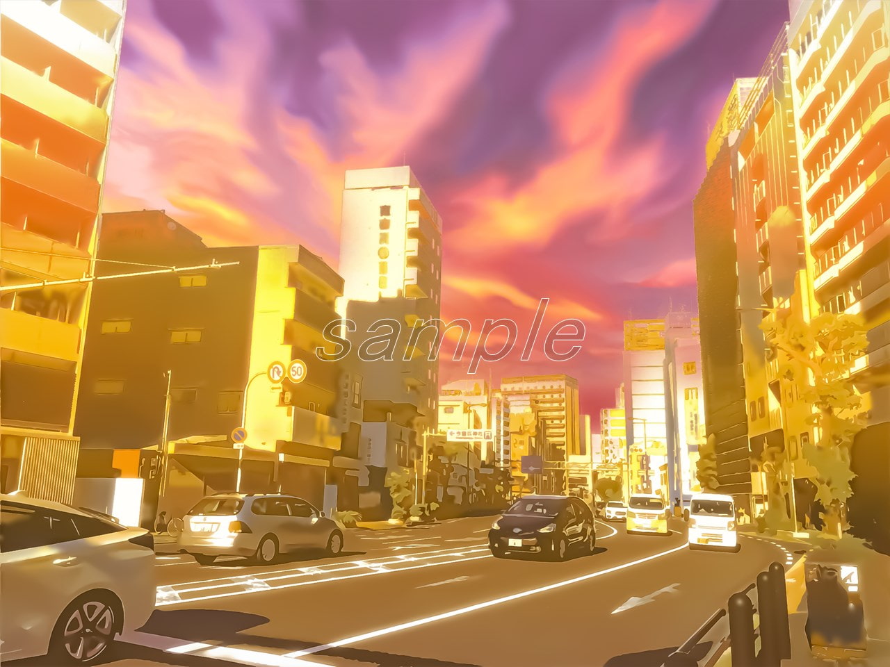 都会の大通り4【背景素材_夕方差分+空くり抜きセット】