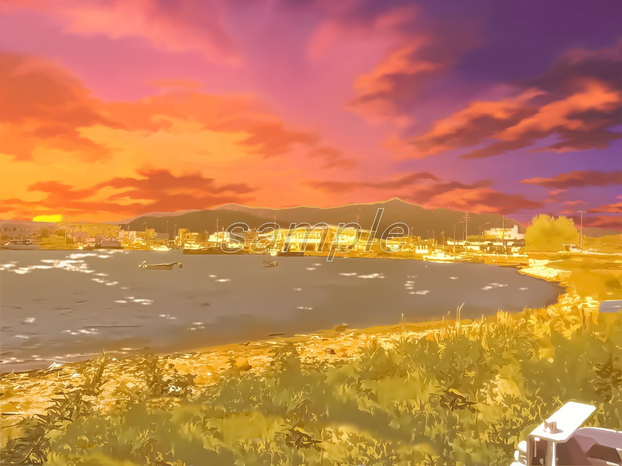 港町と港湾の眺め2【背景素材_夕方差分+空くり抜きセット】