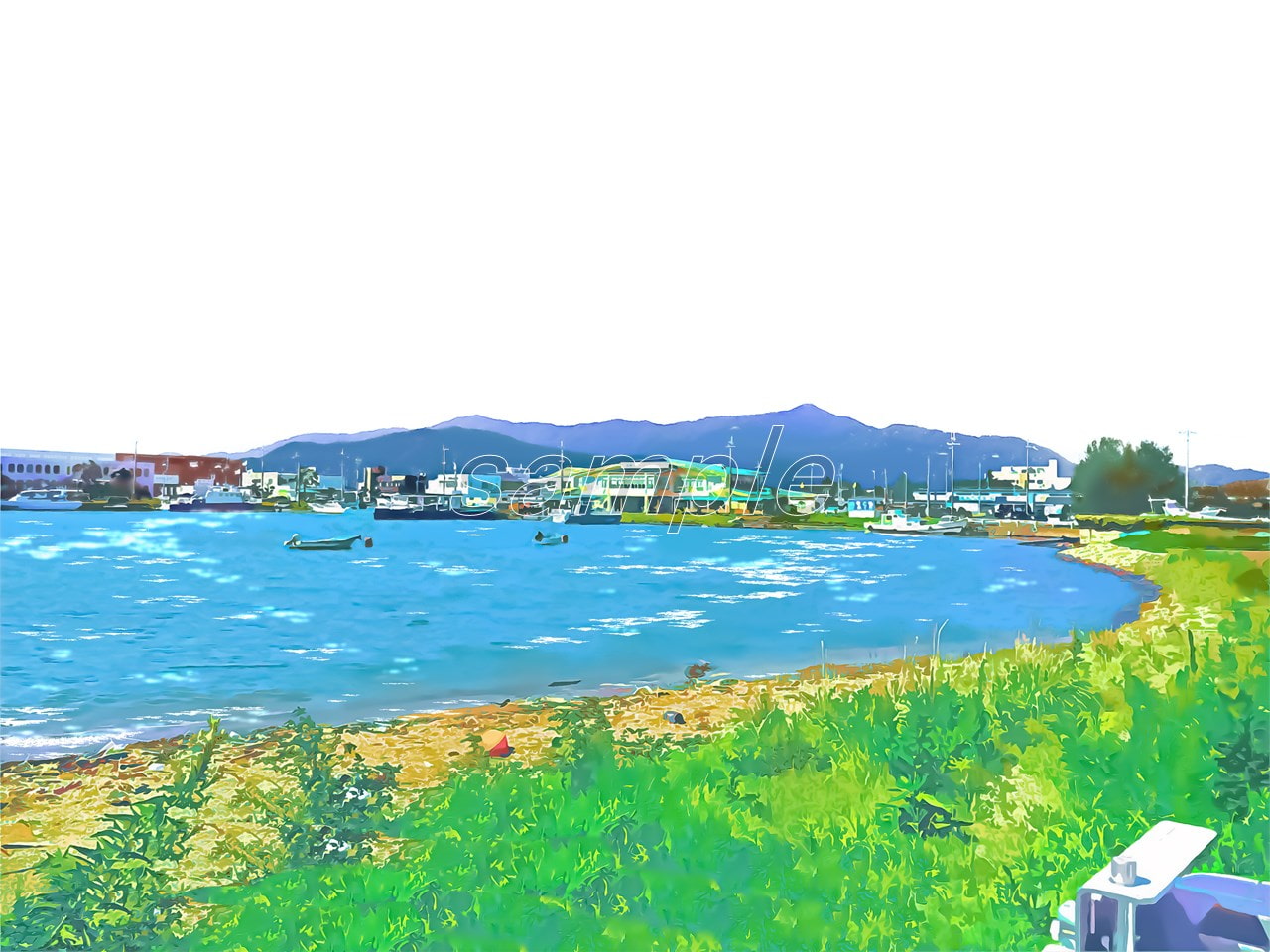 港町と港湾の眺め2【背景素材_夕方差分+空くり抜きセット】