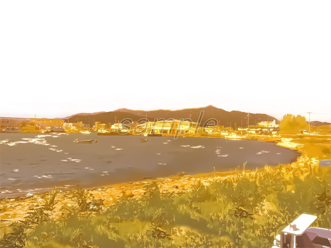 港町と港湾の眺め2【背景素材_夕方差分+空くり抜きセット】