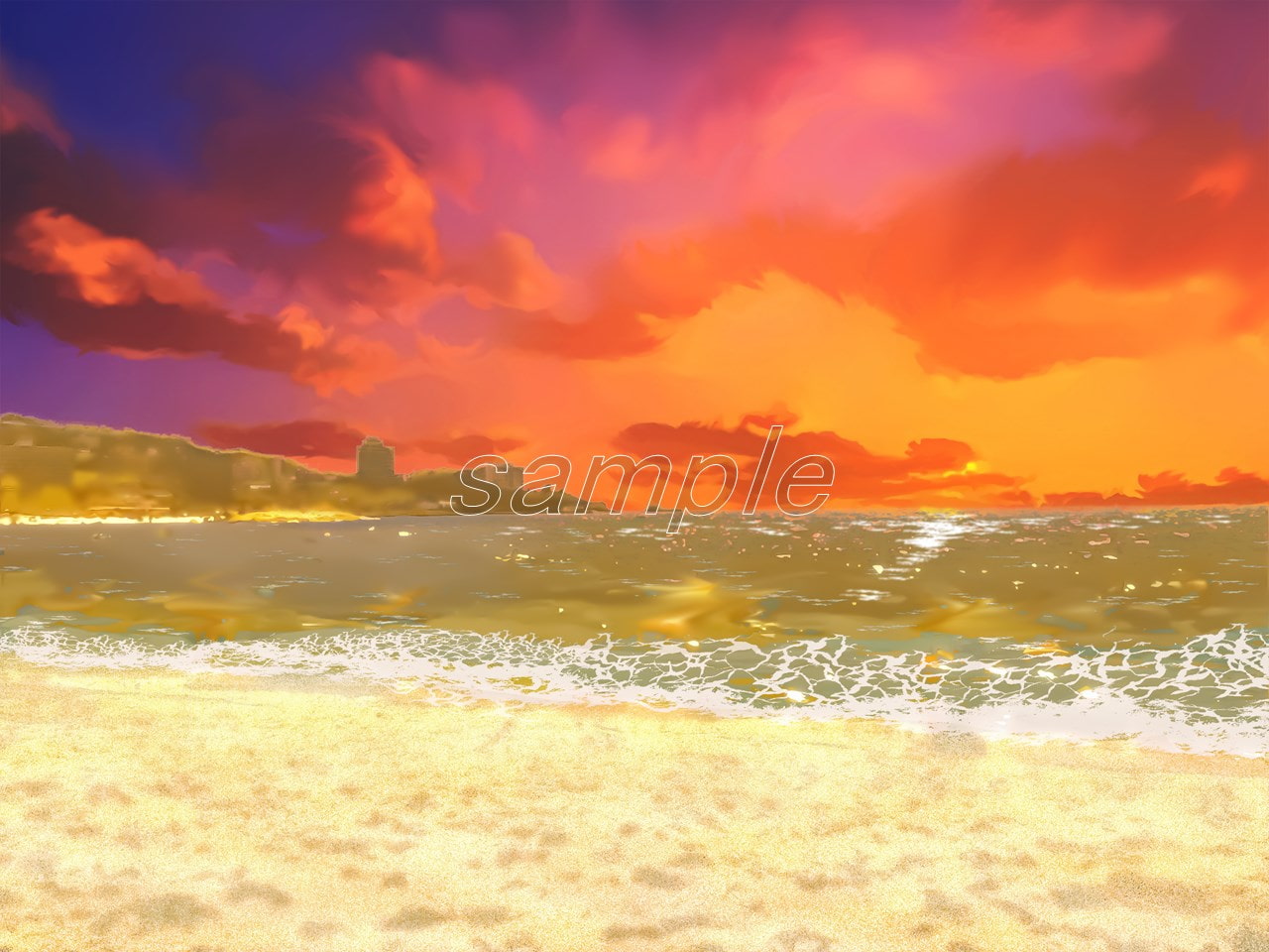 砂浜の海水浴場 【背景素材_夕方差分+空くり抜きセット】