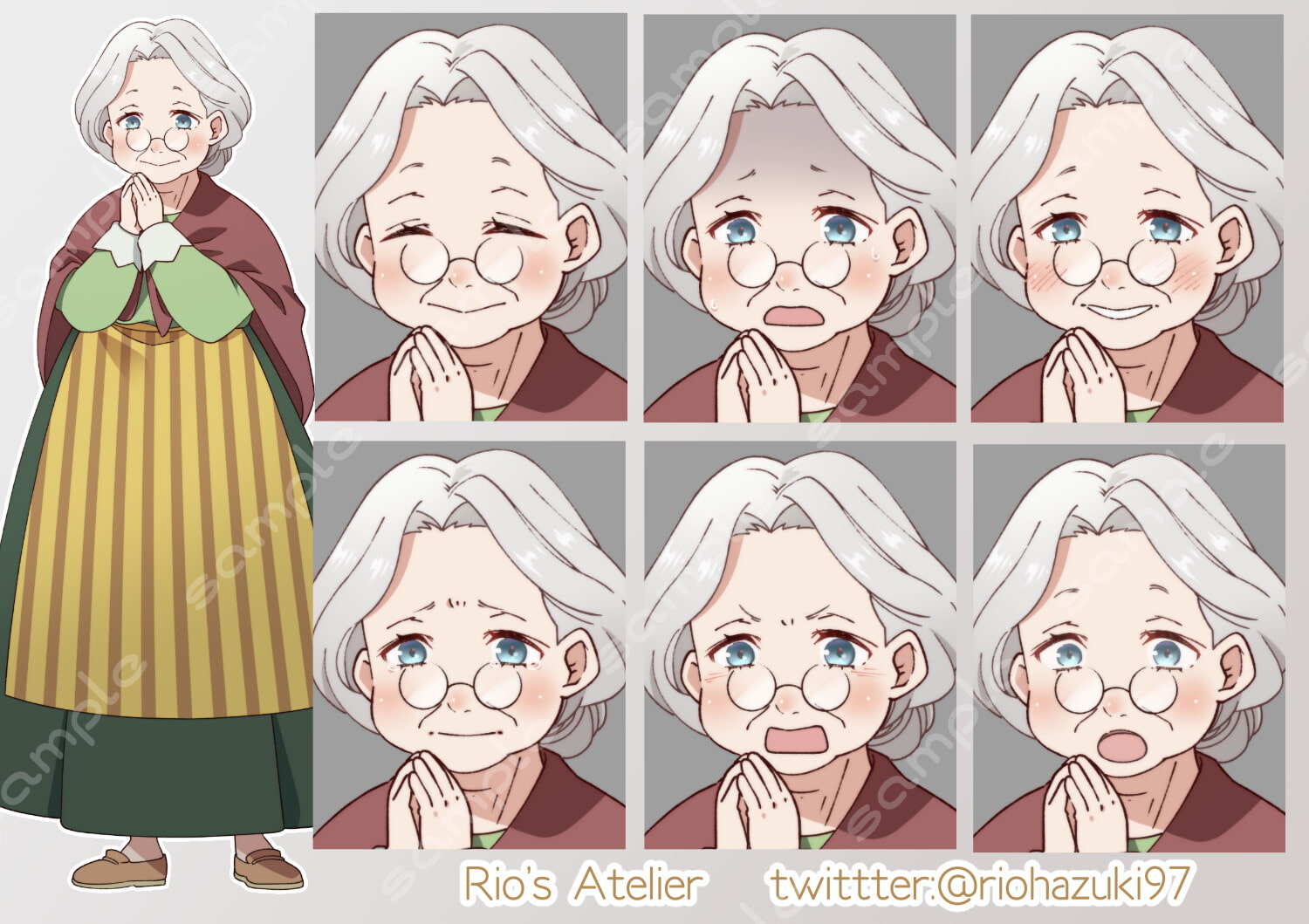 立ち絵素材_60(ふくよかなおばあさん全身、表情各7種、洋服、割烹着差分あり)