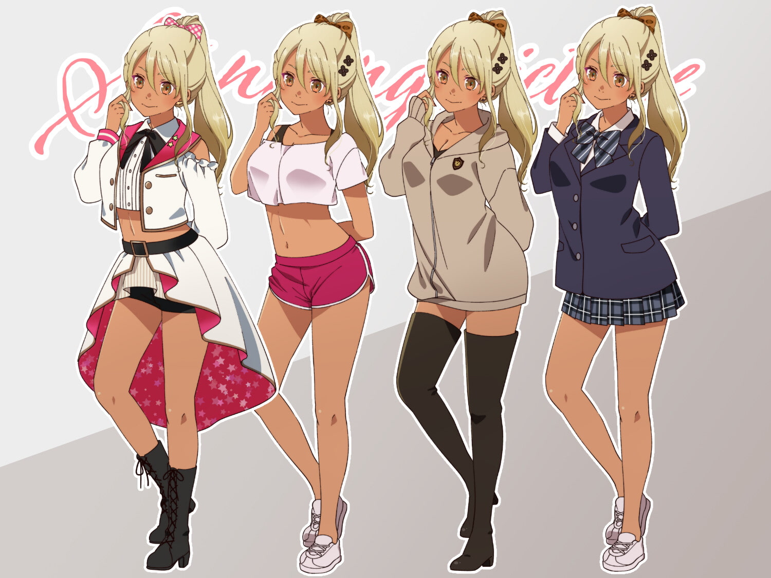 立ち絵素材_62(褐色ギャルアイドル全身、表情各18種、アイドル衣装、レッスン着、私服、制服差分あり)