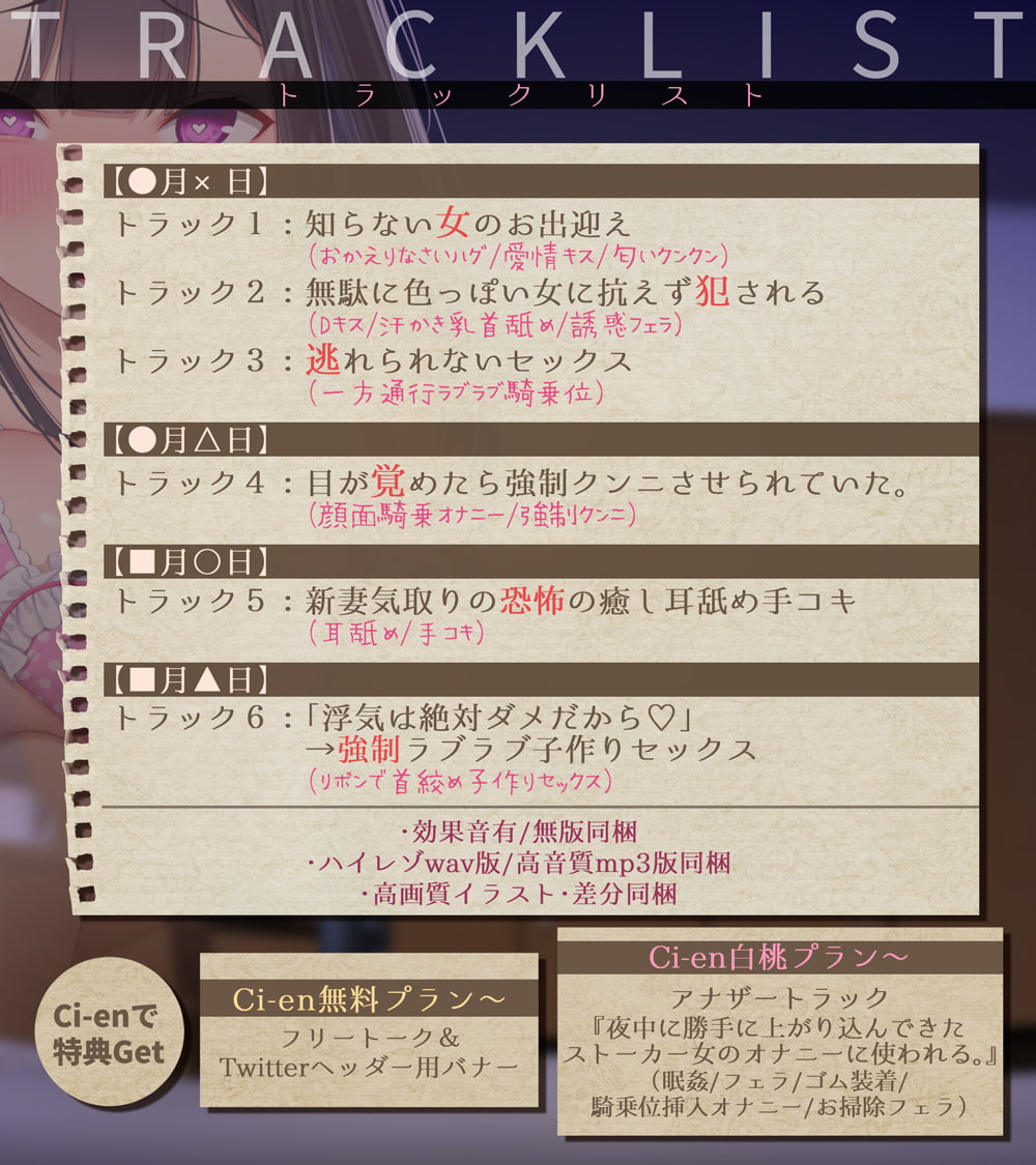 【28日間台本同梱/超リアル音源】ストーカー女の愛妻日記。～僕への愛と執着がすごいイカレ女と強制ラブラブ子作りセックス～【KU100】