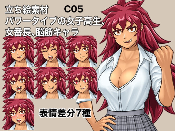 立ち絵素材、パワータイプの女子高生、女番長、脳筋キャラ、C05