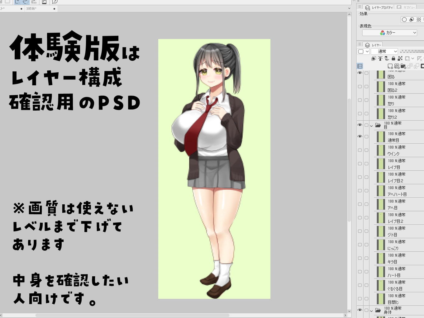 【商用OK】立ち絵素材:爆乳黒髪トロ目女子