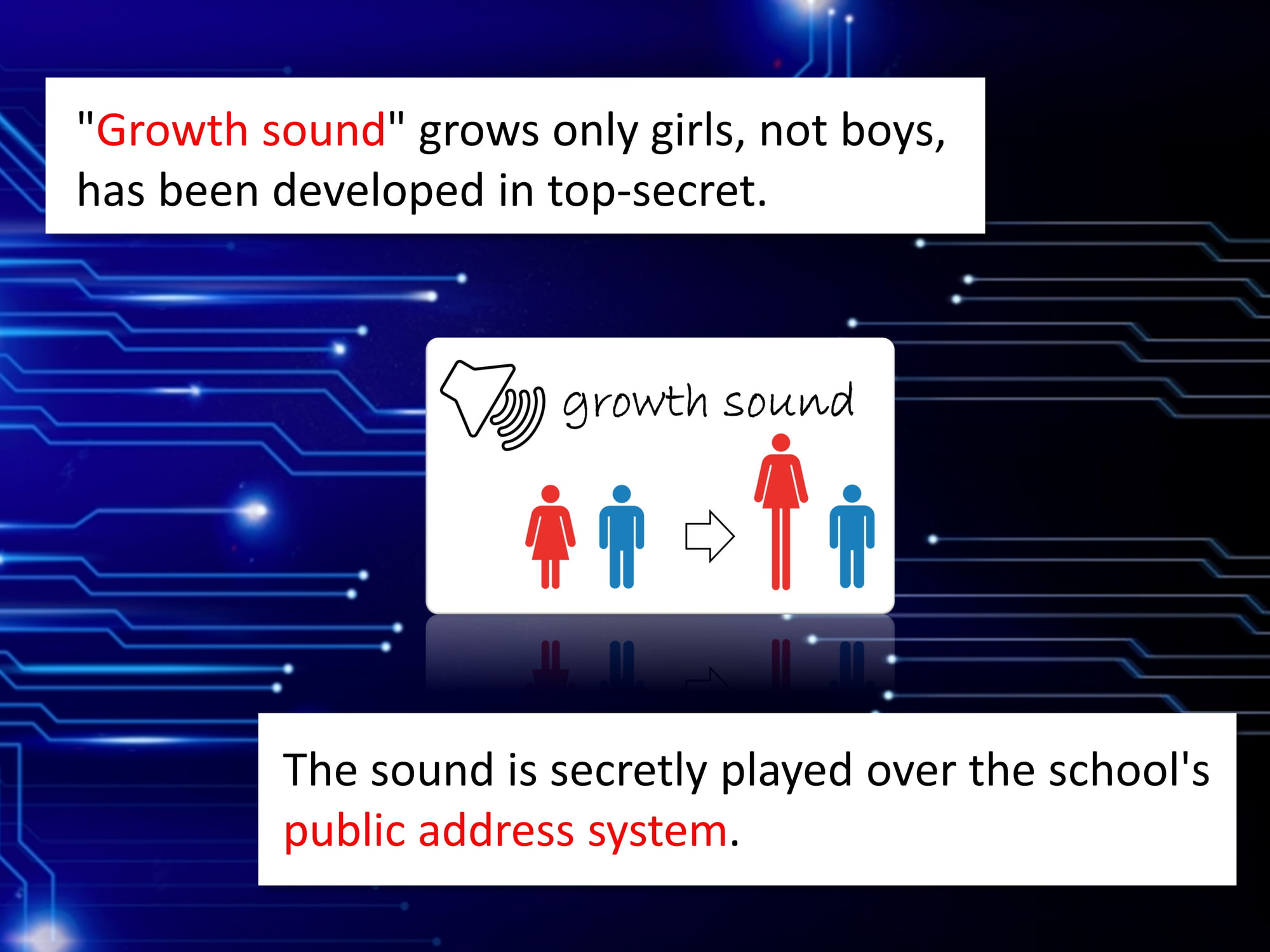 Outgrowing only girls, Overtake boys, Growth sound in the history club