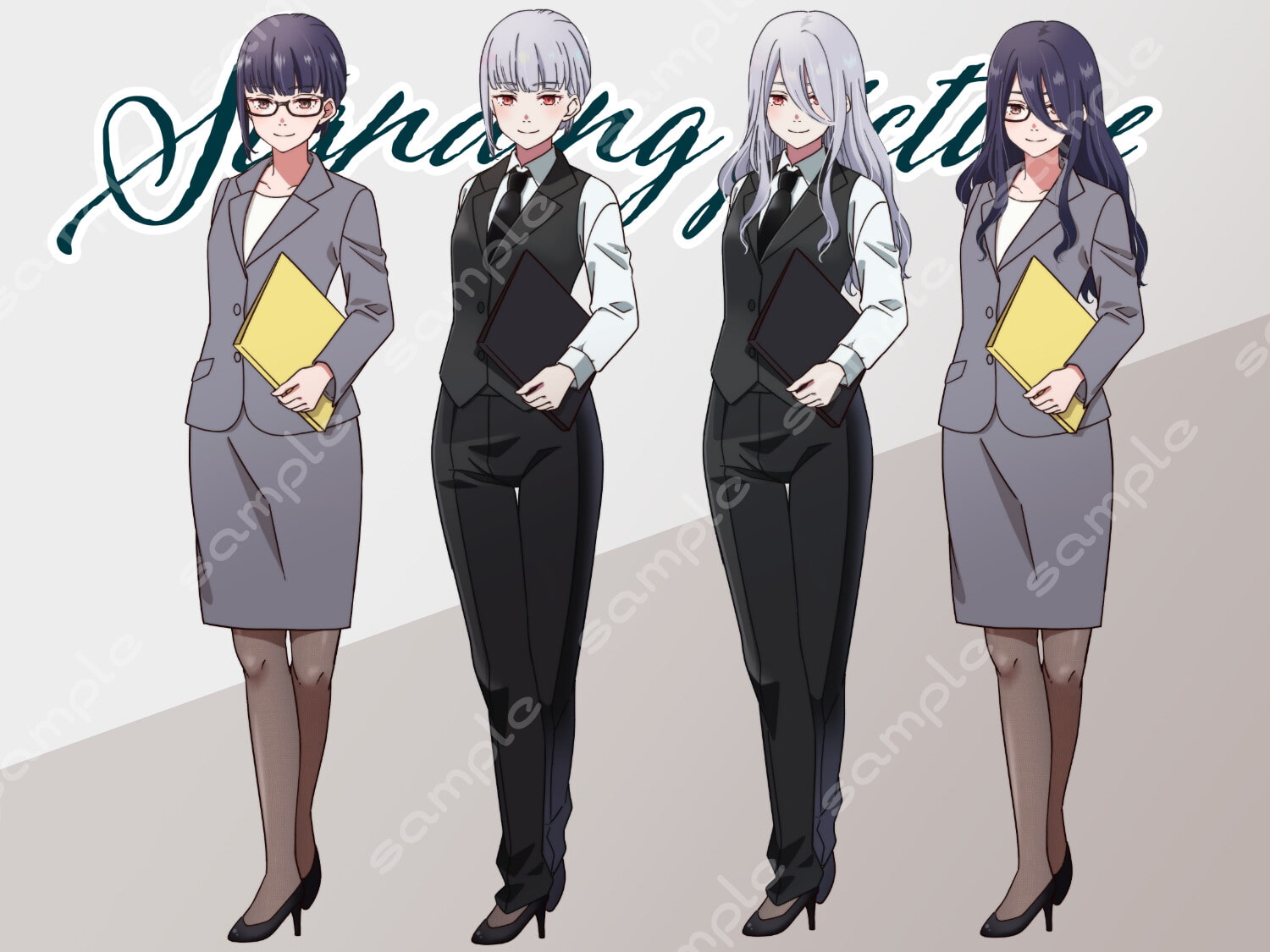 立ち絵素材_67(スーツ女子全身、表情各18種、スーツ2種、髪型、瞳色差分あり)