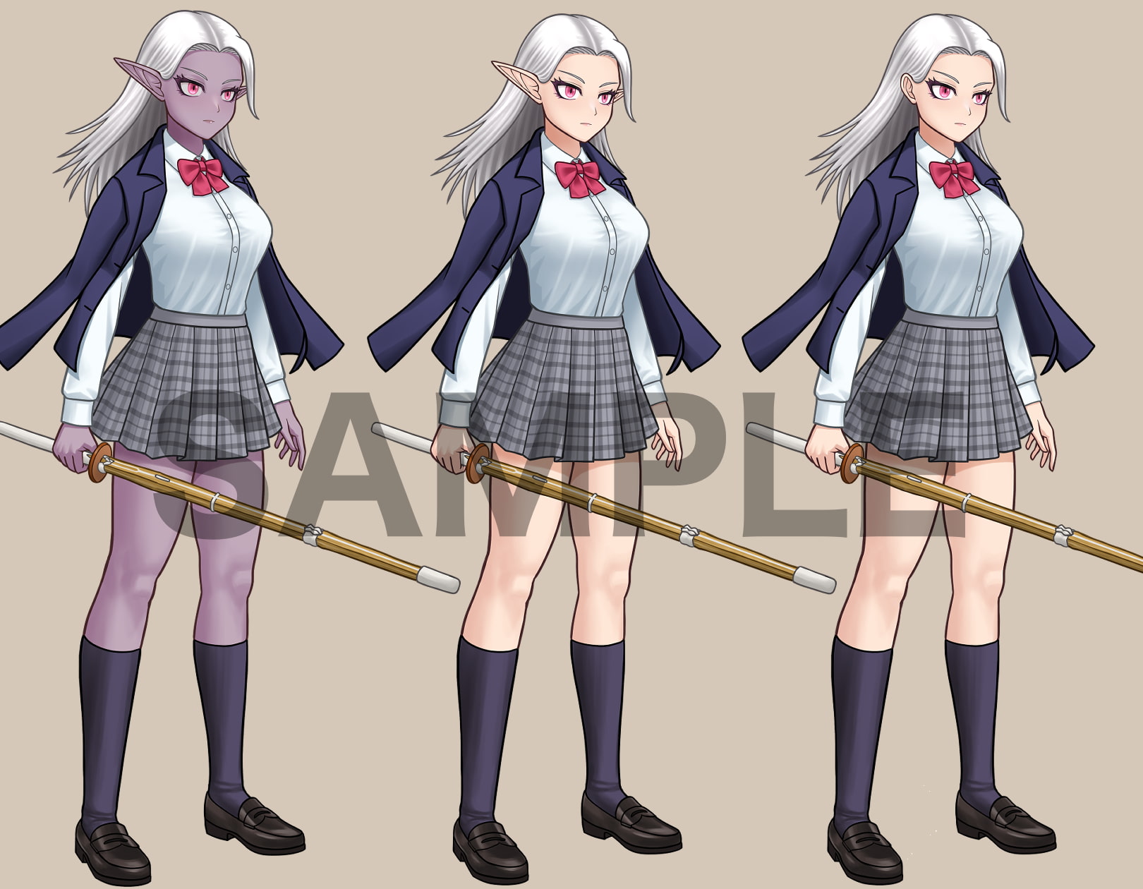 立ち絵素材、ダークエルフの女子高生、剣道部、竹刀、C08