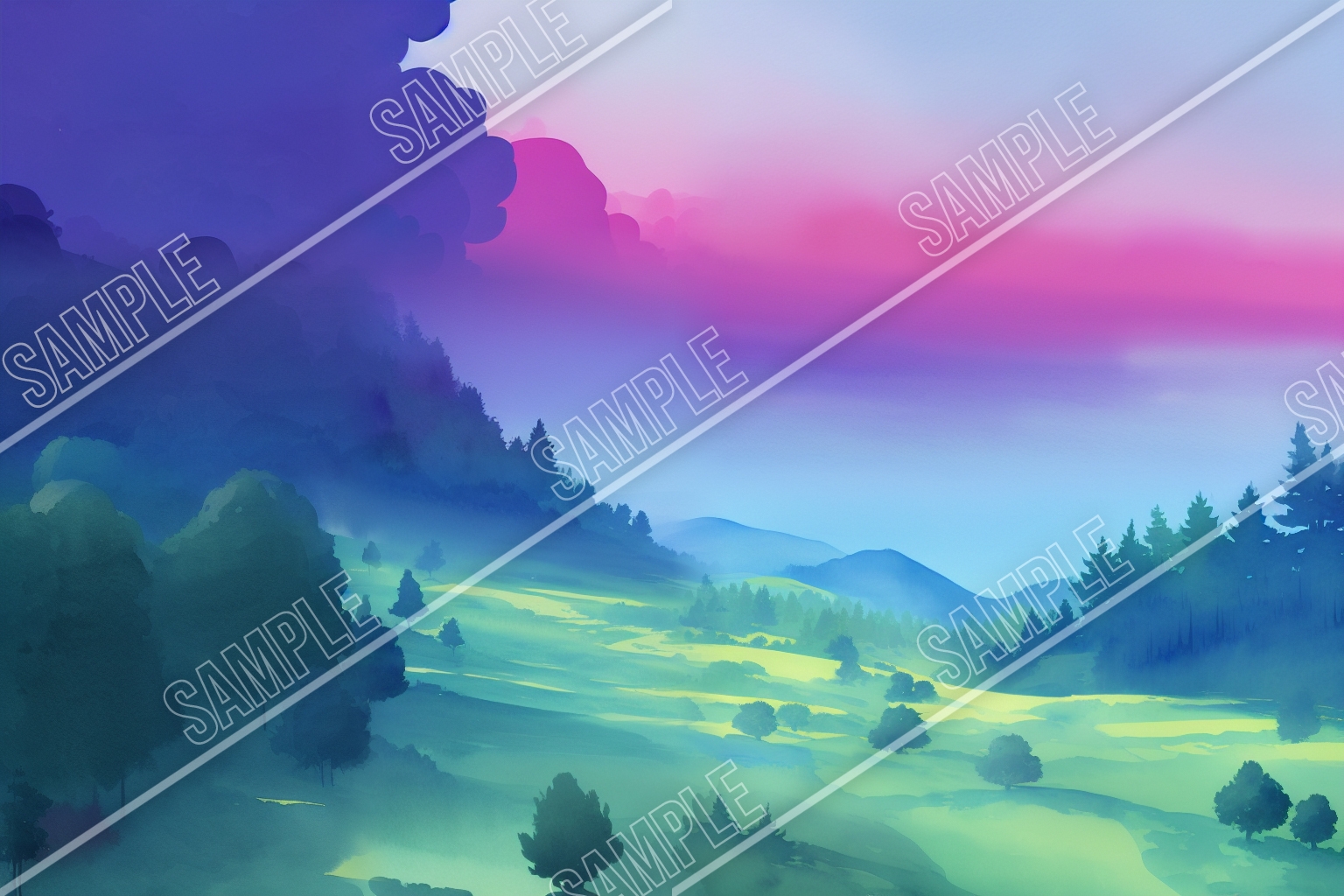 デジタル水彩 ロイヤリティフリー画像素材 ファンタジー風景「緑のフィールド編」