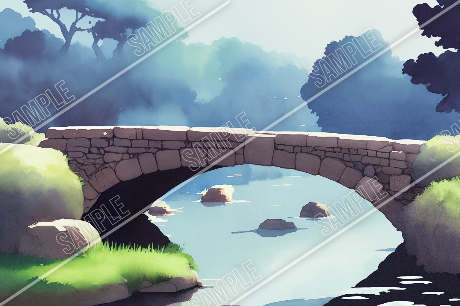 デジタル水彩 ロイヤリティフリー画像素材 ファンタジー風景「緑のフィールド編」