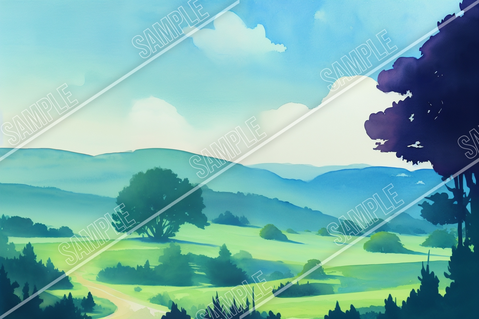 デジタル水彩 ロイヤリティフリー画像素材 ファンタジー風景「緑のフィールド編」