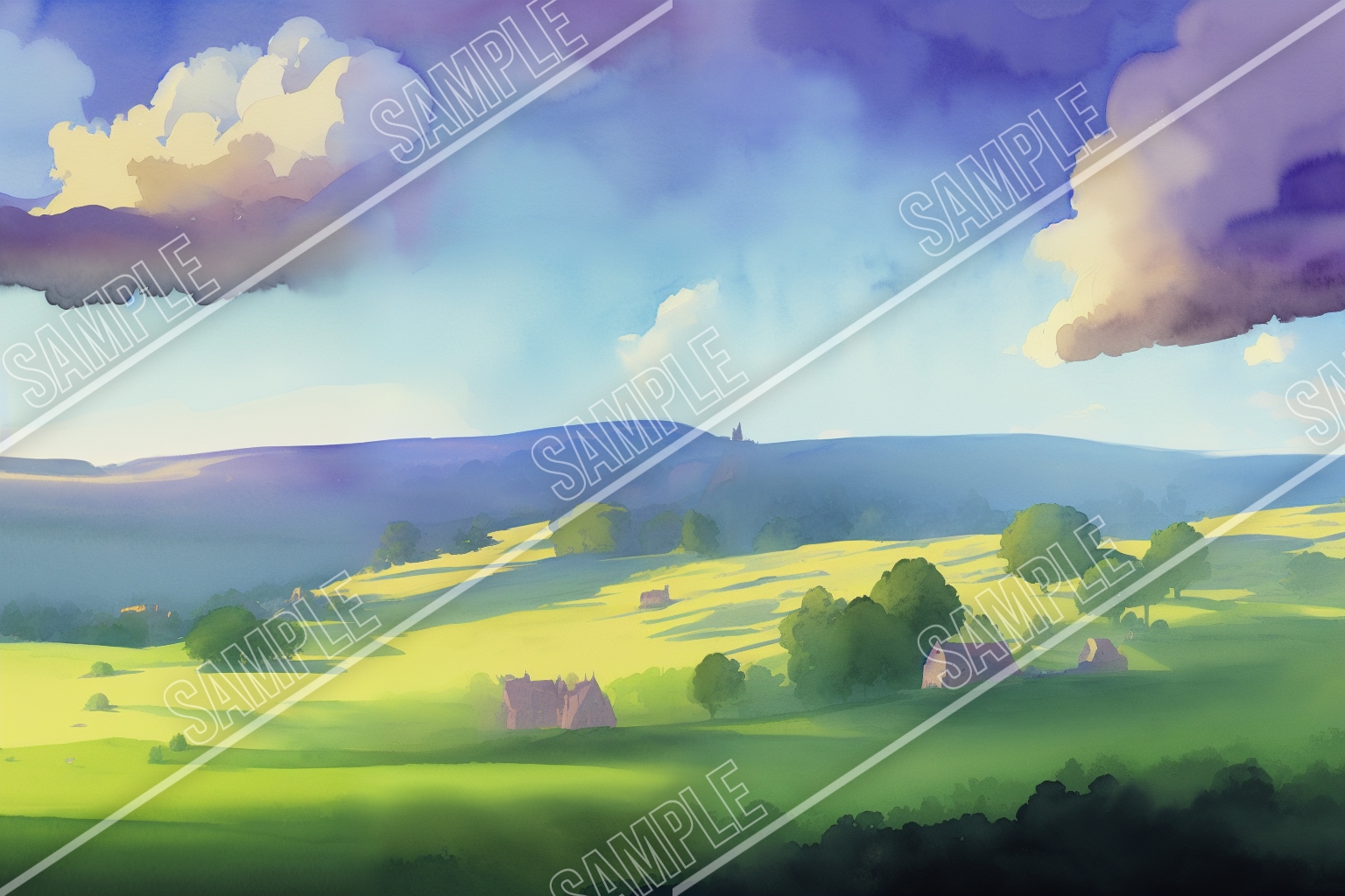 デジタル水彩 ロイヤリティフリー画像素材 ファンタジー風景「緑のフィールド編」