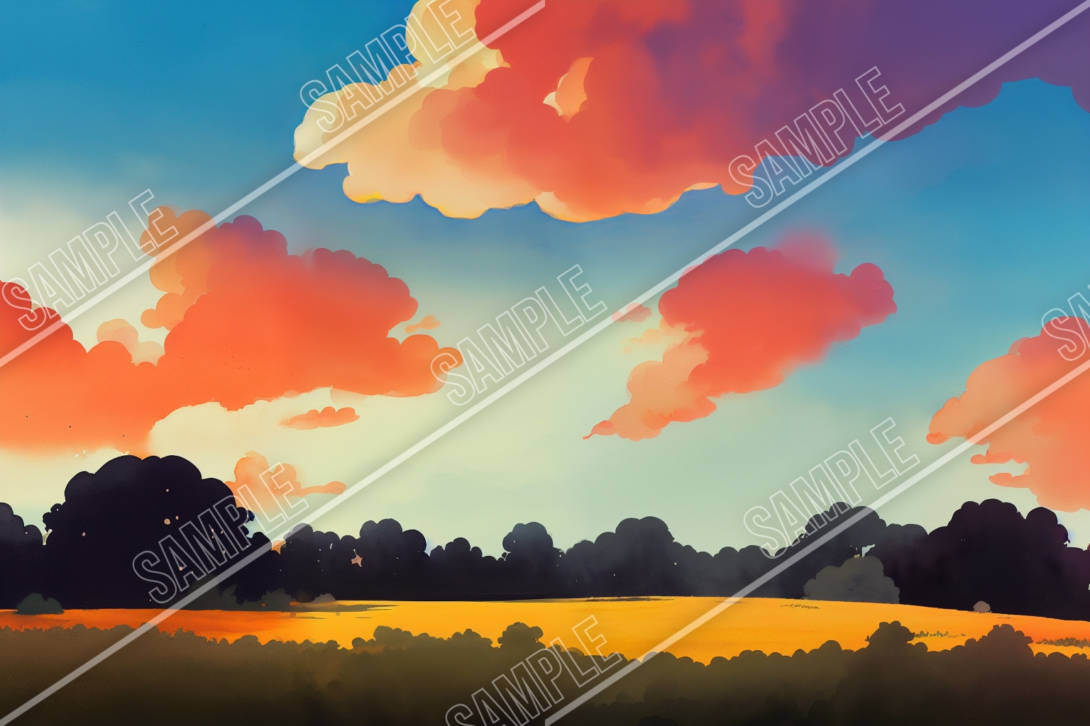 デジタル水彩 ロイヤリティフリー画像素材 ファンタジー風景「緑のフィールド編」