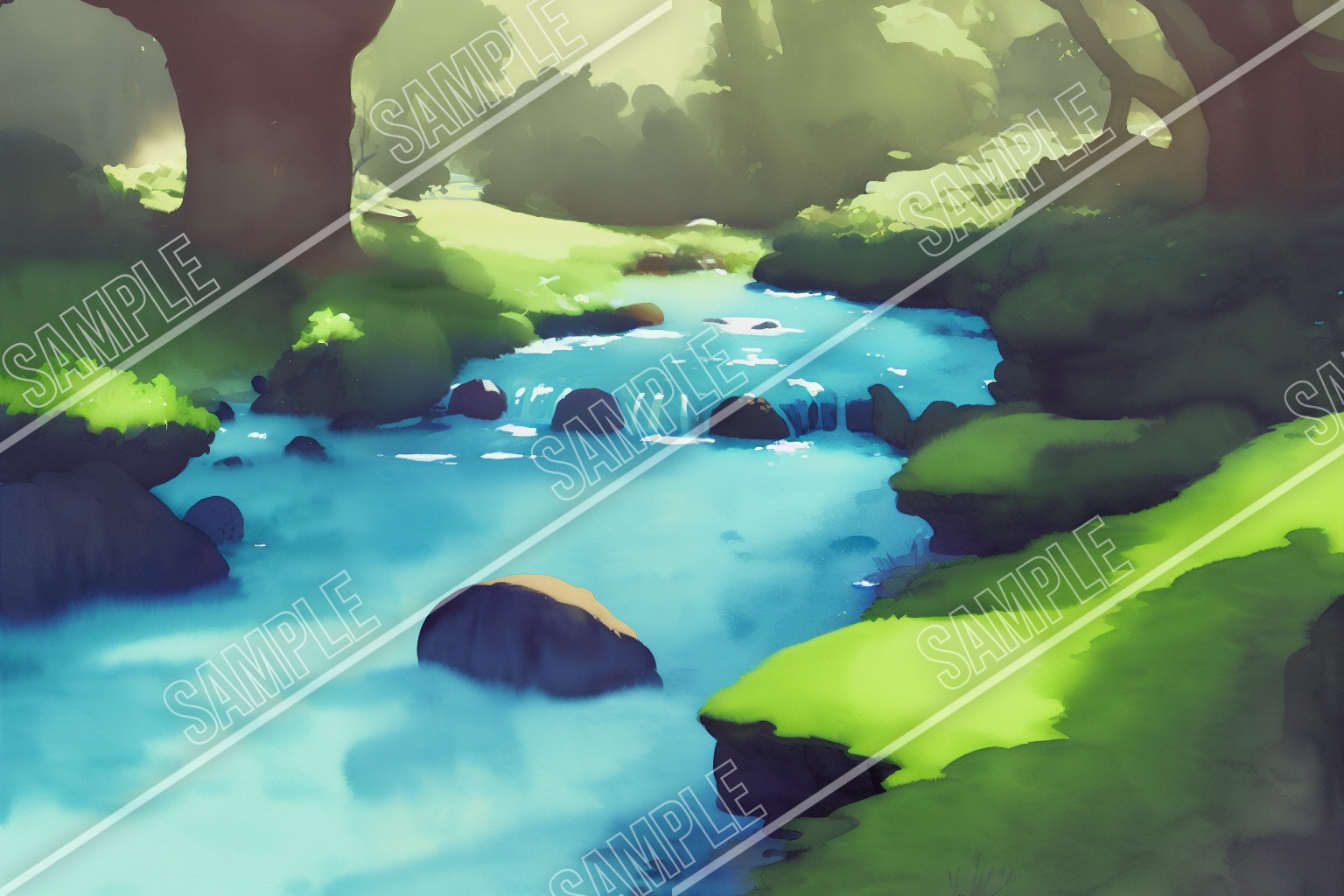 デジタル水彩 ロイヤリティフリー画像素材 ファンタジー風景「緑のフィールド編」