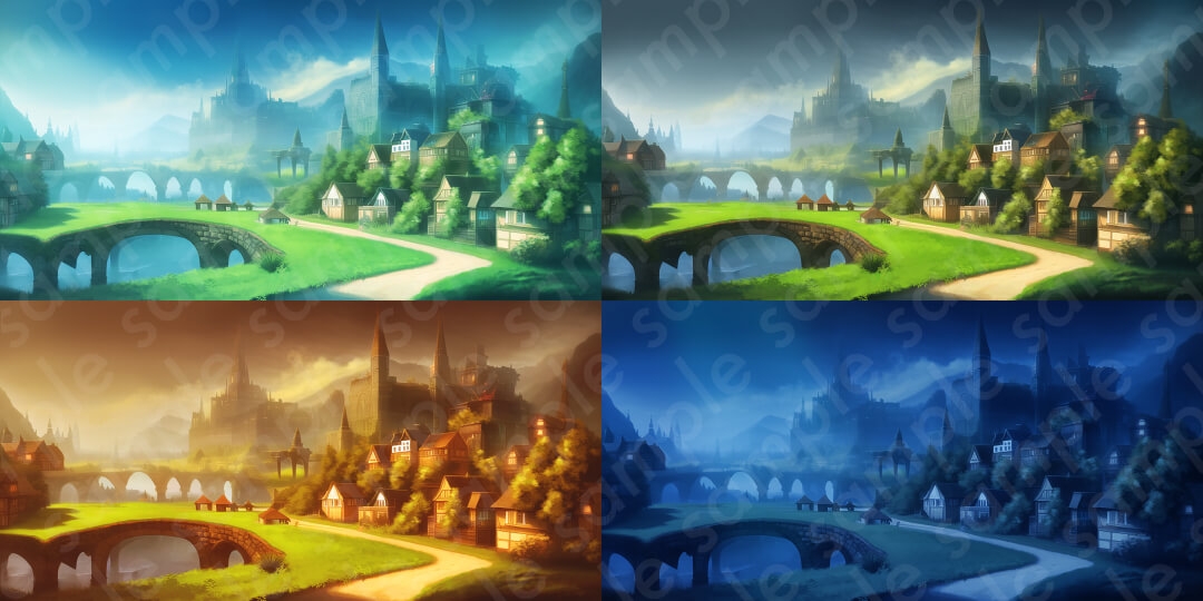 【背景素材6種セット】ファンタジー系基本セットA【差分4種:朝・昼・夕・夜】