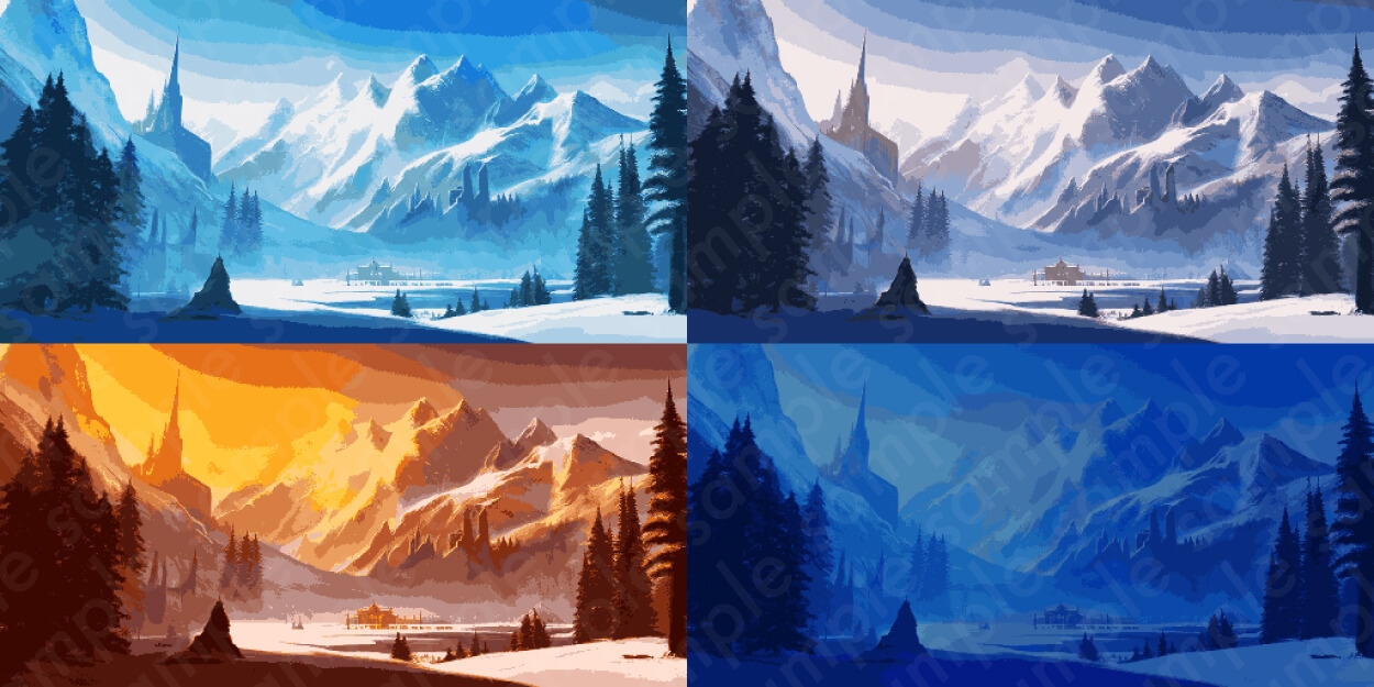 【ドット絵 │ 背景素材80枚】城・街・自然・ファンタジー系セットA・20種×差分4種【朝・昼・夕・夜】