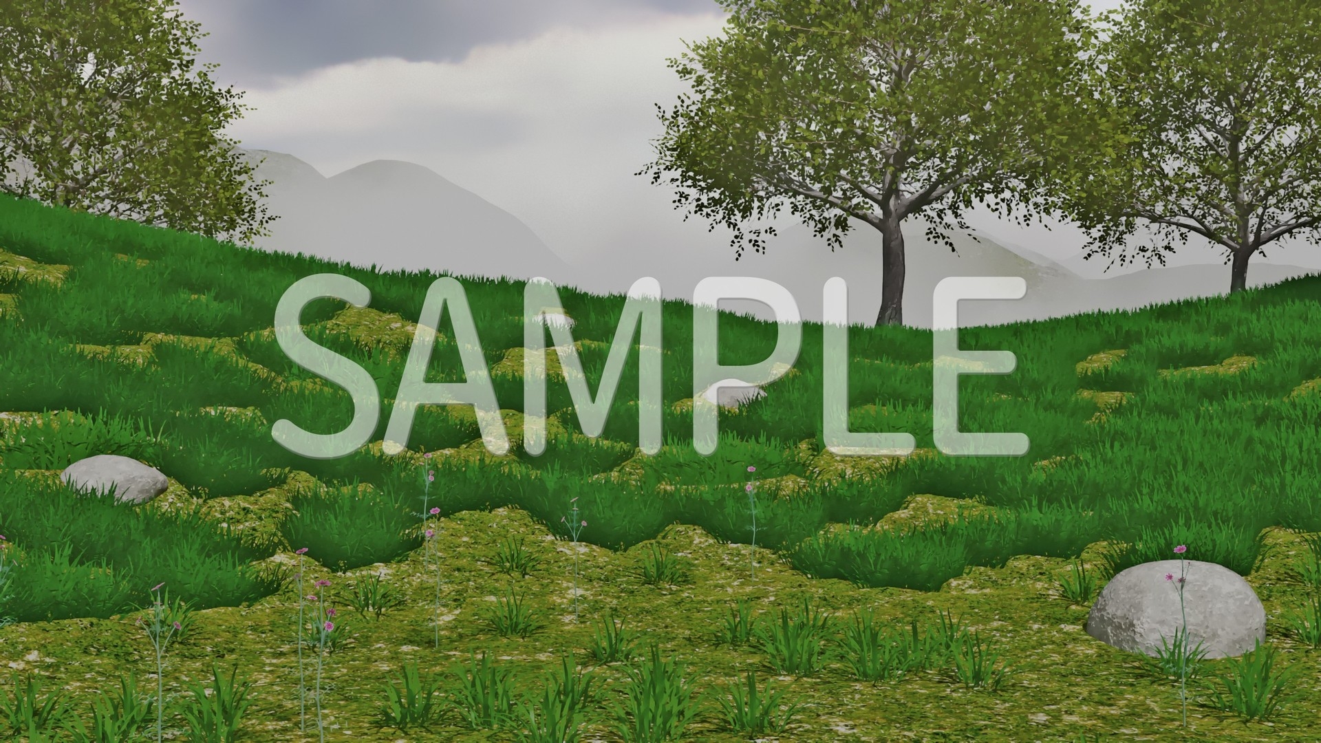 CG背景素材 山に囲まれた草原 1