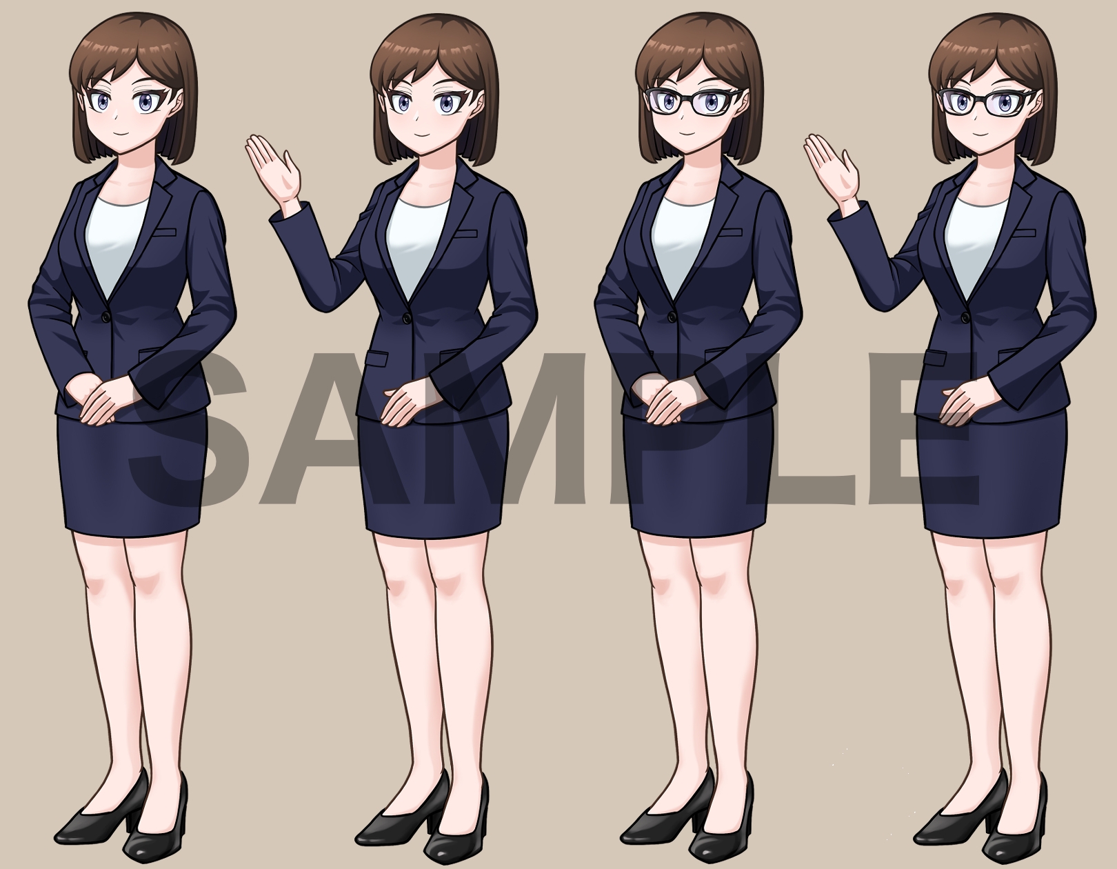 立ち絵素材、ビジネススーツの女性、メガネあり、なし、C01