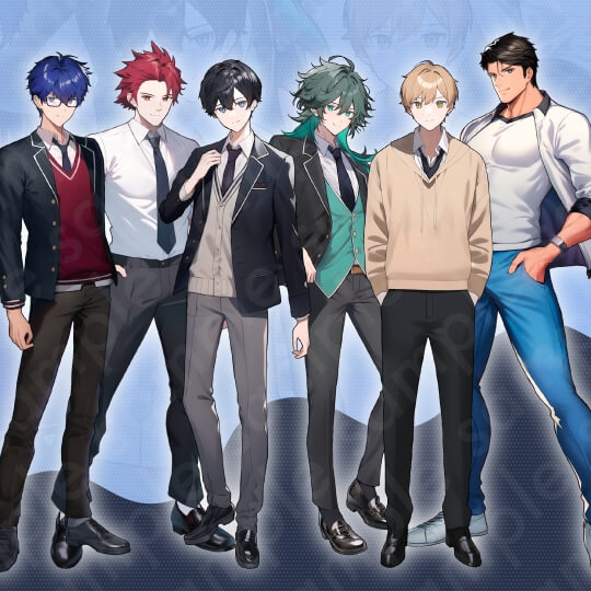 【立ち絵素材6人セット】男子高校生・制服・体育教師・男性・全身表情10種+α