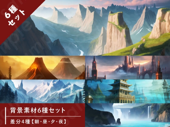 【背景素材6種セット】ファンタジー系セットB/山・雪山・海・魔王城など【差分4種:朝・昼・夕・夜】