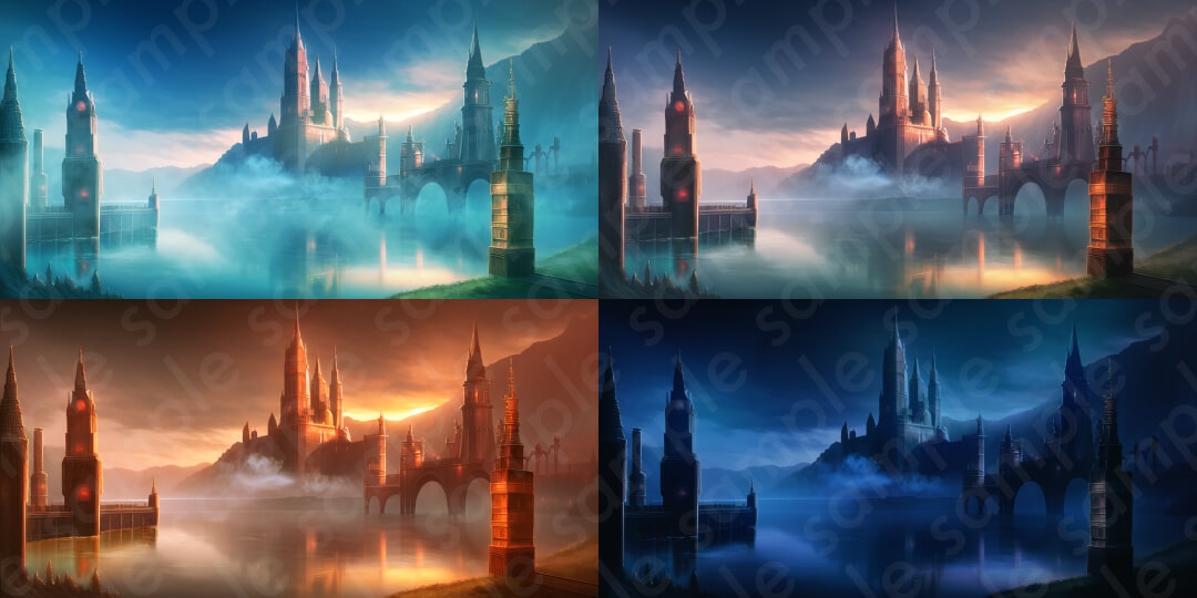 【背景素材6種セット】ファンタジー系セットB/山・雪山・海・魔王城など【差分4種:朝・昼・夕・夜】