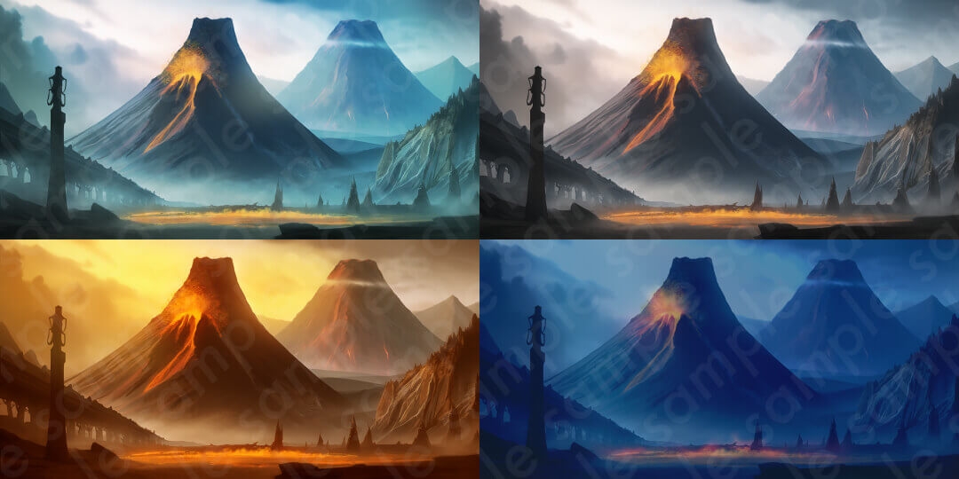 【背景素材6種セット】ファンタジー系セットB/山・雪山・海・魔王城など【差分4種:朝・昼・夕・夜】