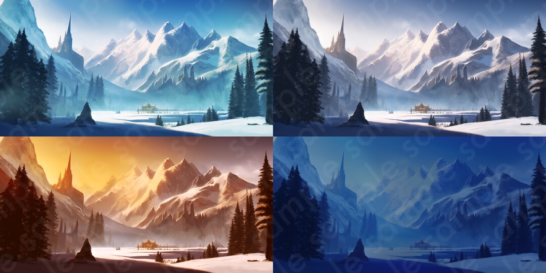 【背景素材6種セット】ファンタジー系セットB/山・雪山・海・魔王城など【差分4種:朝・昼・夕・夜】